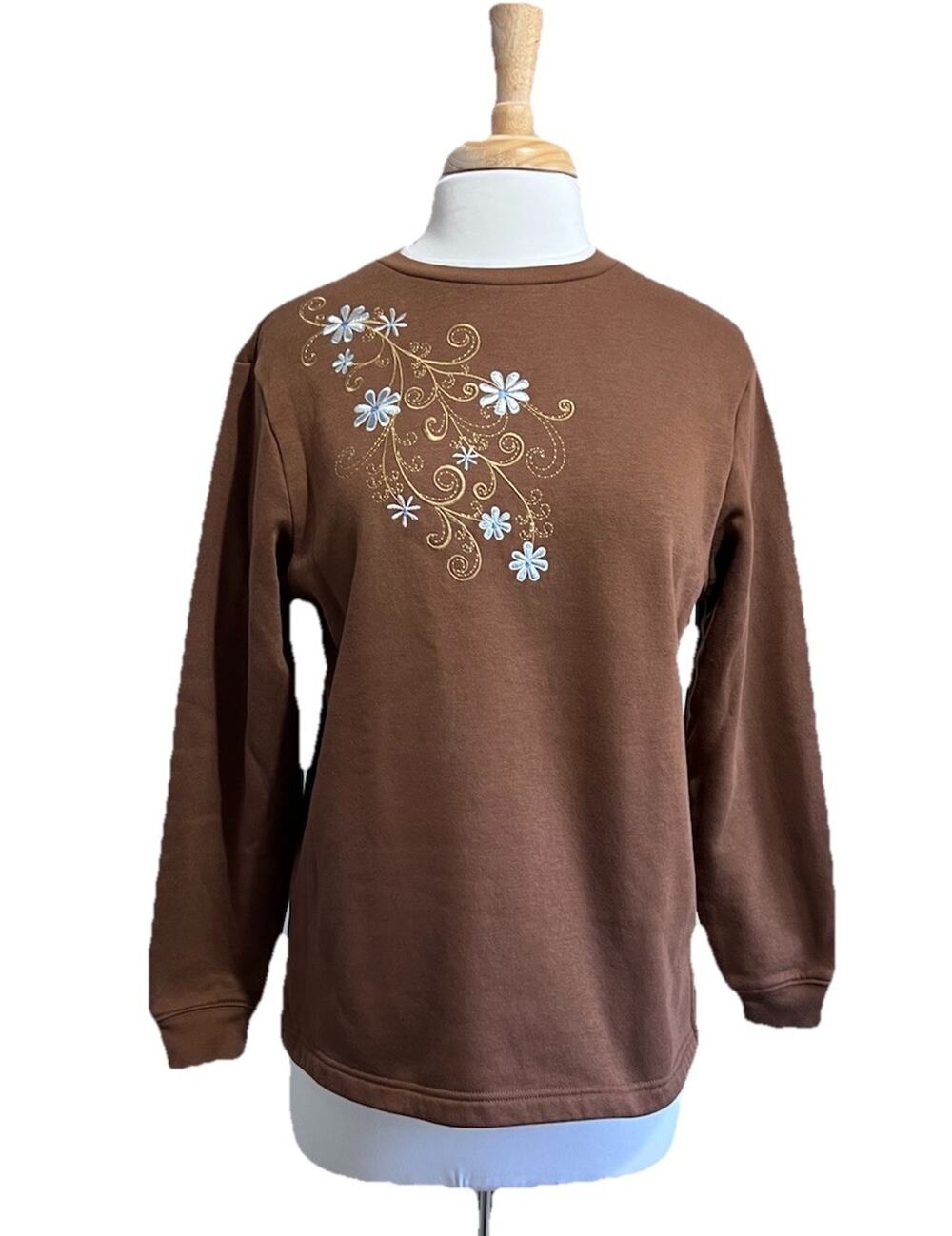 Women's PS Brown Blue Embroidered Floral Sweatshirt Top Grandma Granny